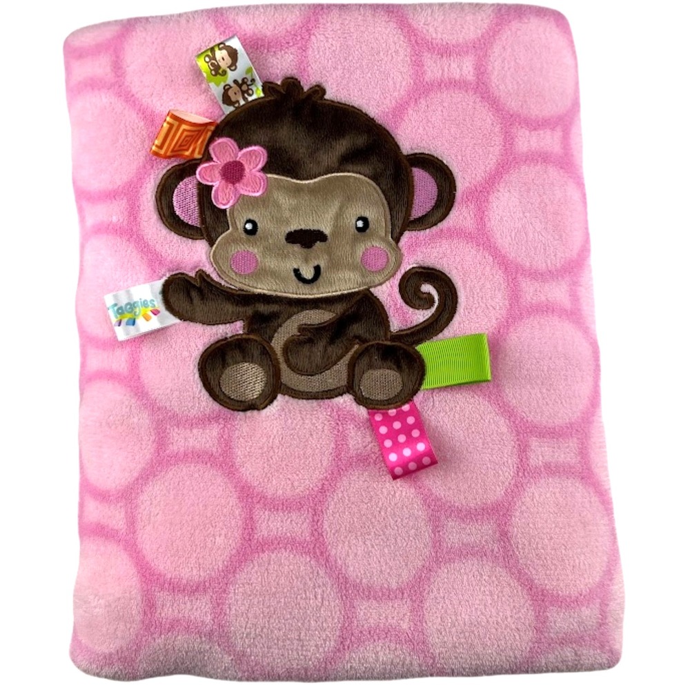 Taggies Pink Monkey Circle Baby Blanket Fleece Soft‎ Lovey Girl Dots 30x40